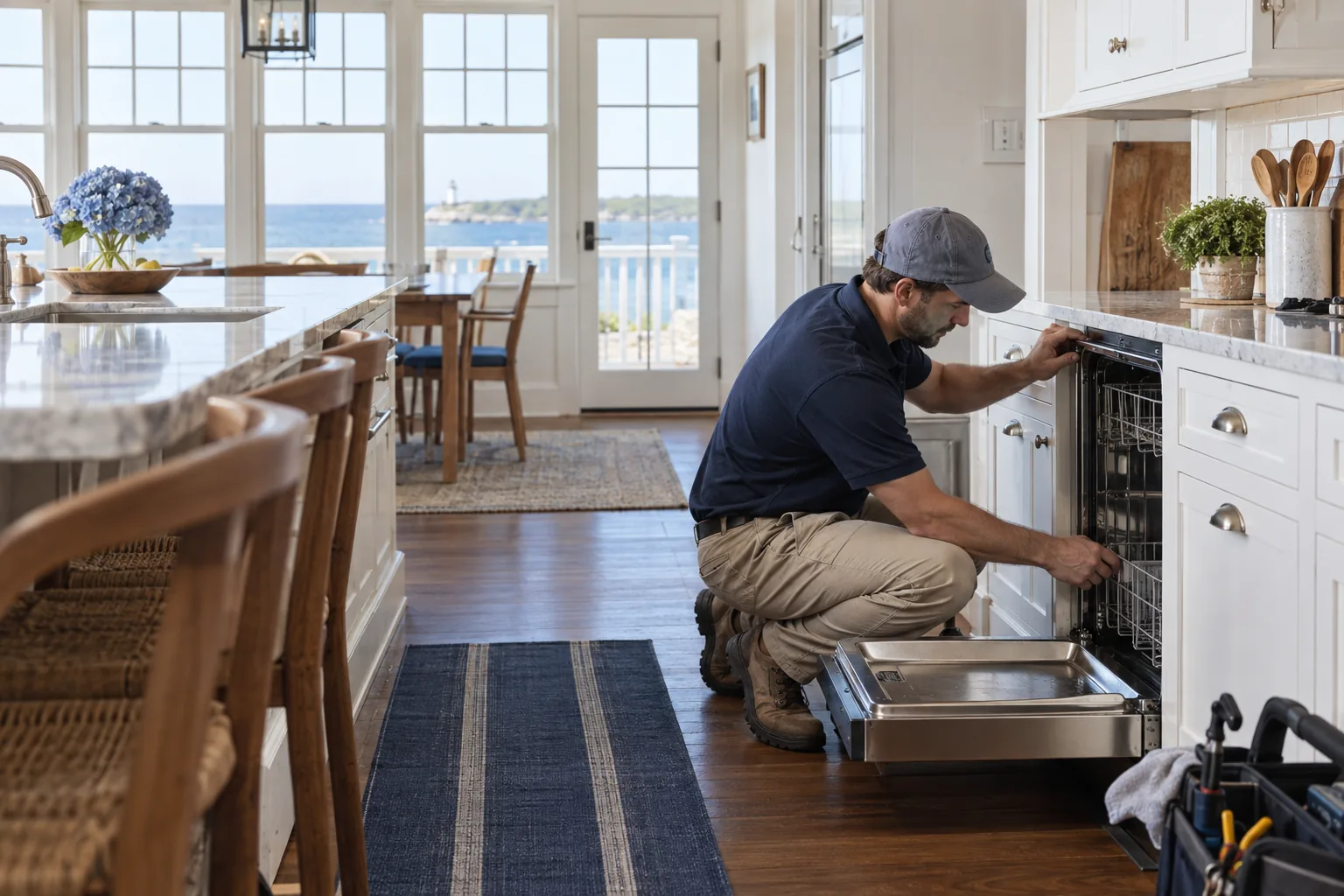 Professional installing a dishwasher in a coastal home kitchen